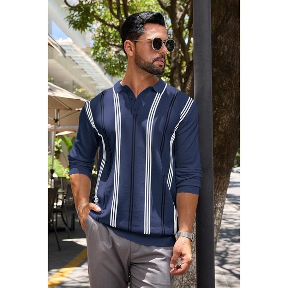 Men's Polo Sweater Long Sleeve Striped Thermal Button Collar Sweater Navy Blue - Picture 7 of 7